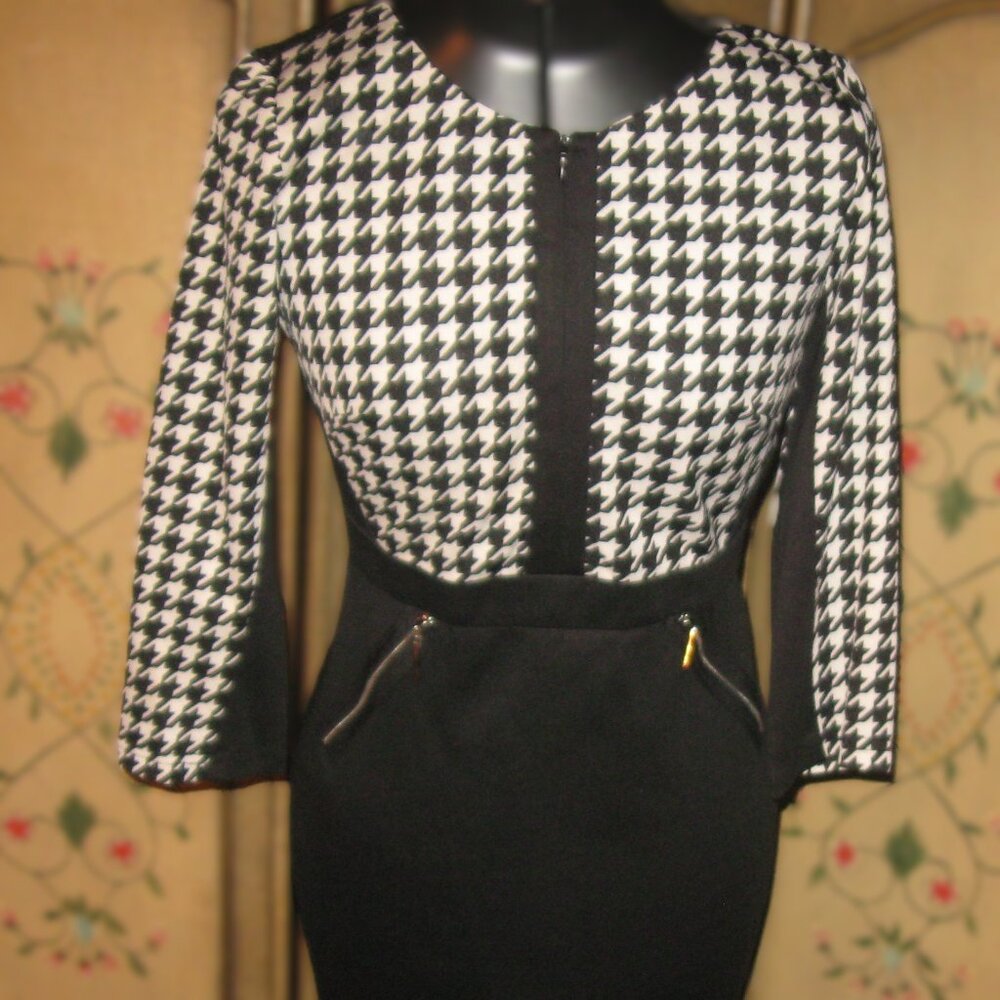 VTG EMAGE Houndstooth Plaid Black & White Pencil Dress XS S M 2-6
